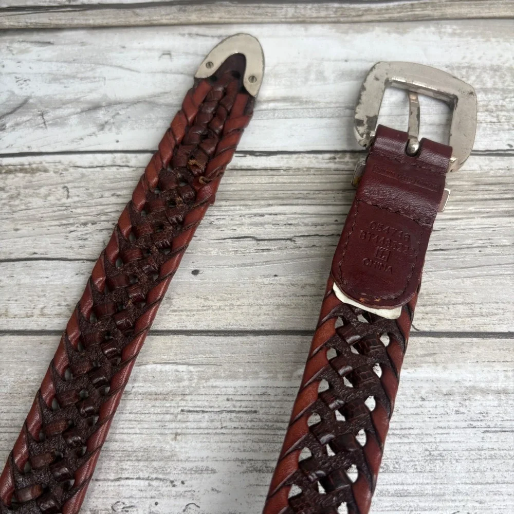 VTG‎ Fossil Braided Leather Belt Size L Brown Western Silver Buckle Rustic Boho